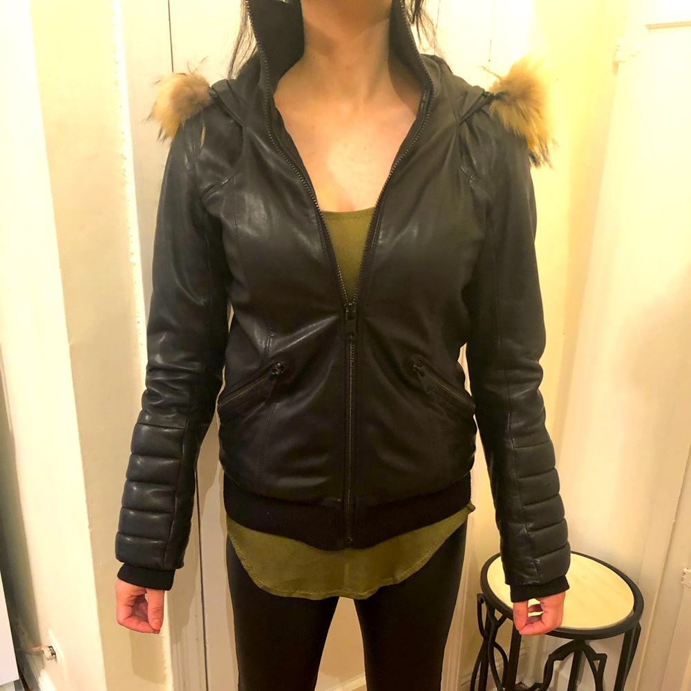 Sonia & Kyo Black leather jacket with a fur trimmed hood